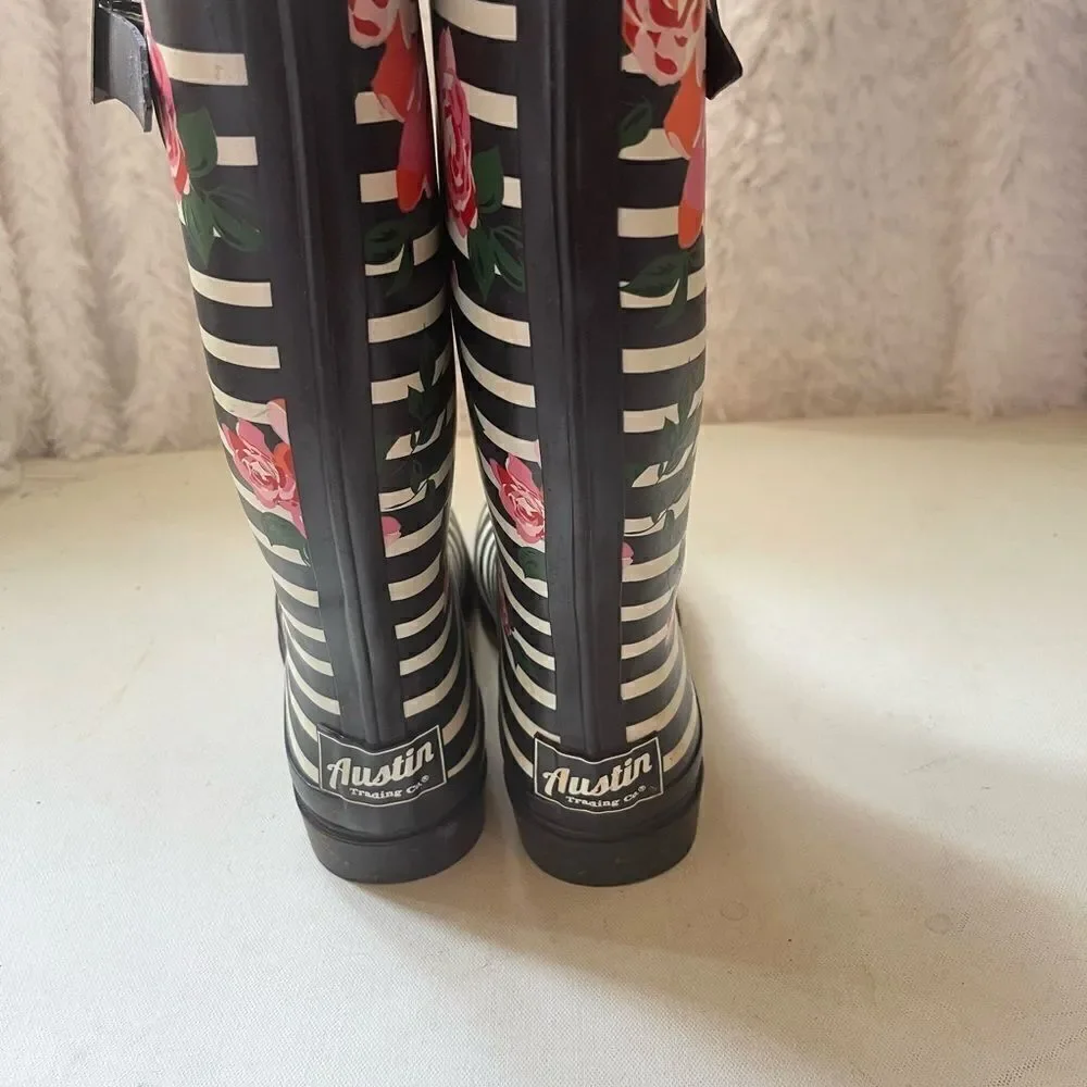 Austin Trading black and white stripes with pink roses rain boots size 8